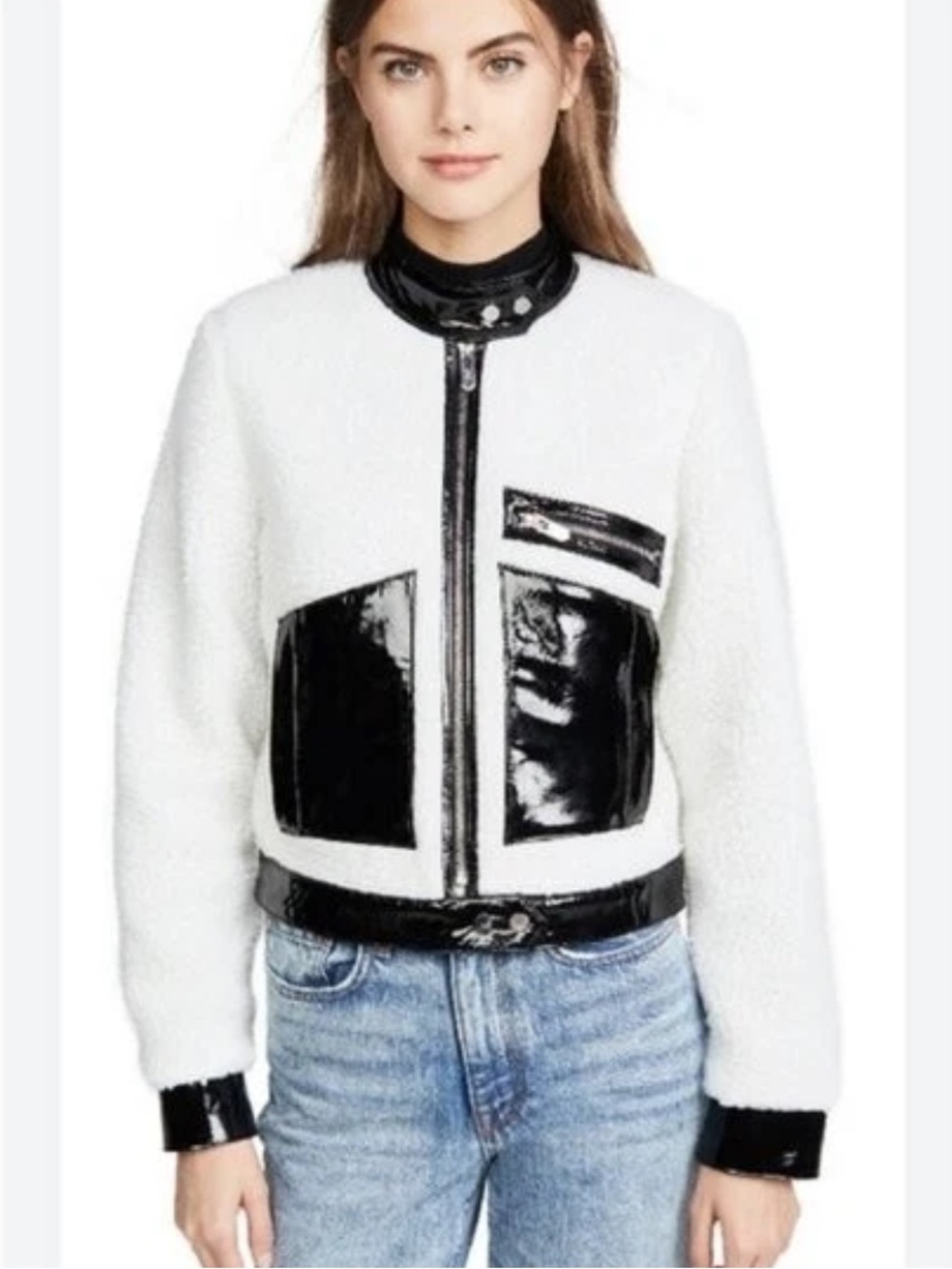 THE MIGHTY COMPANY White Sherpa Jacket with Black Patent Trim